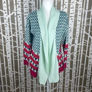 So It Is Aqua Teal Chevron Zig Zag Print Longline Open Front Cardigan sz M